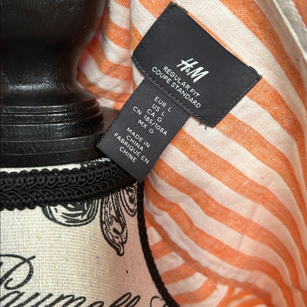 H&M Linen blend Orange White Striped Button Up Shirt Relaxed Summer Top L - Picture 6 of 8